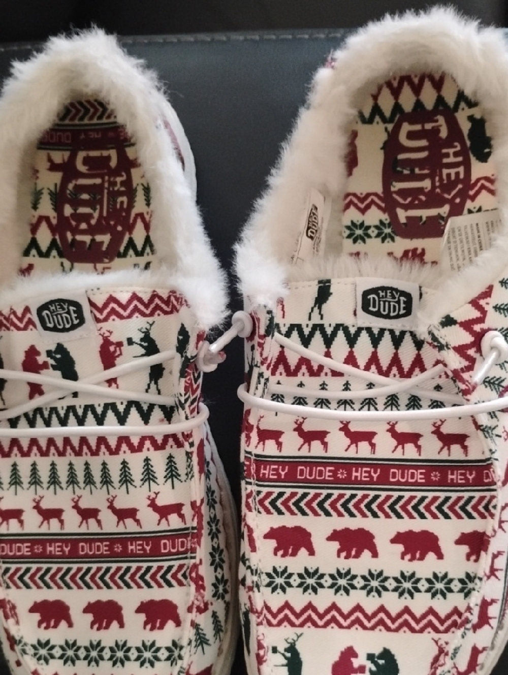 Hey Dude Kids White Red Green Festive Slip-On Slippers